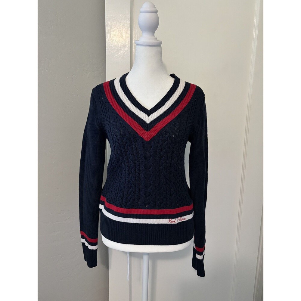 Brooks Brothers Red Fleece S Cable Knit Tennis Sweater Navy Red White Preppy